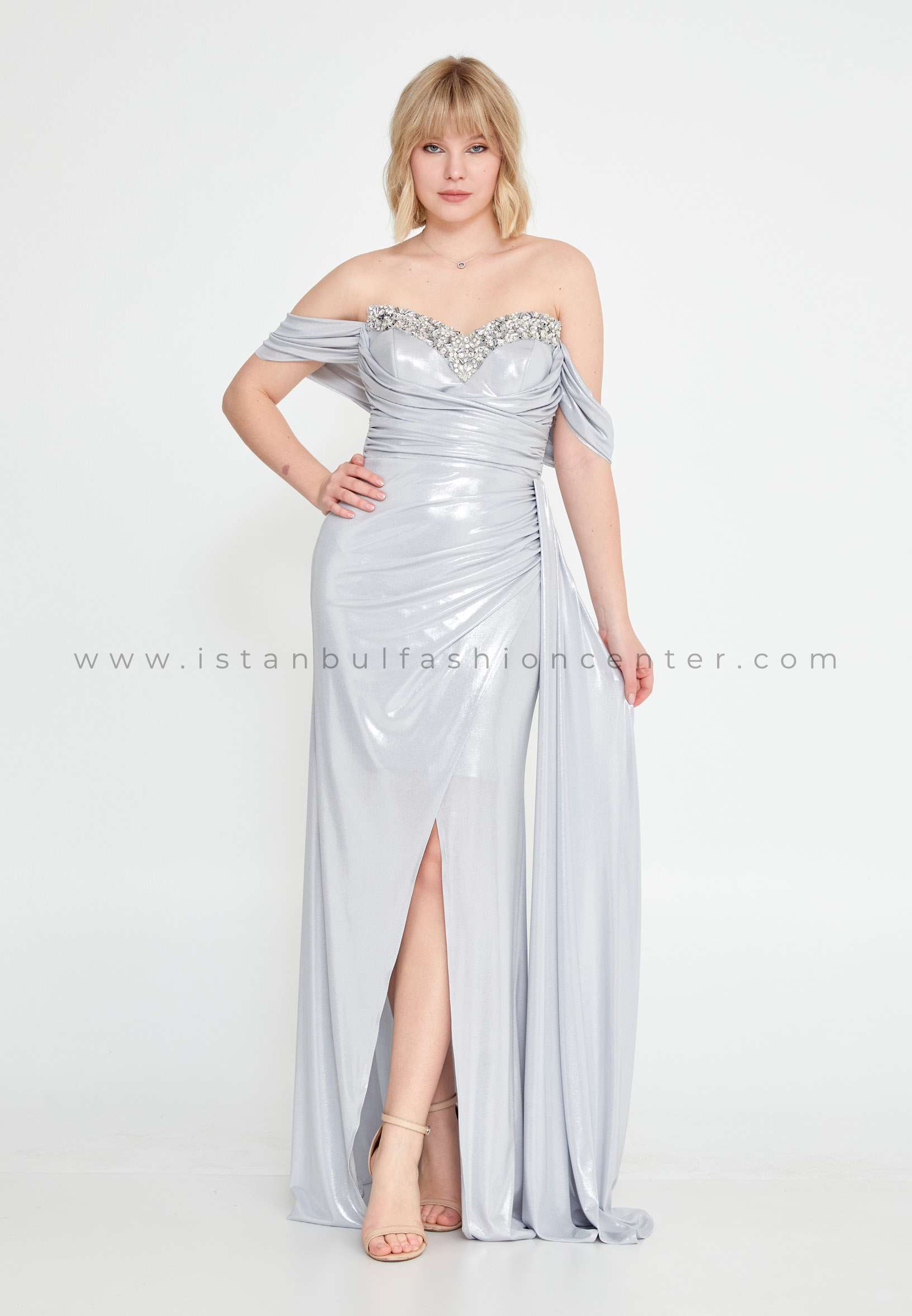 İNSET Off Shoulder Maxi Lycra Column Regular Grey Wedding Guest Dress  Ins3105grı