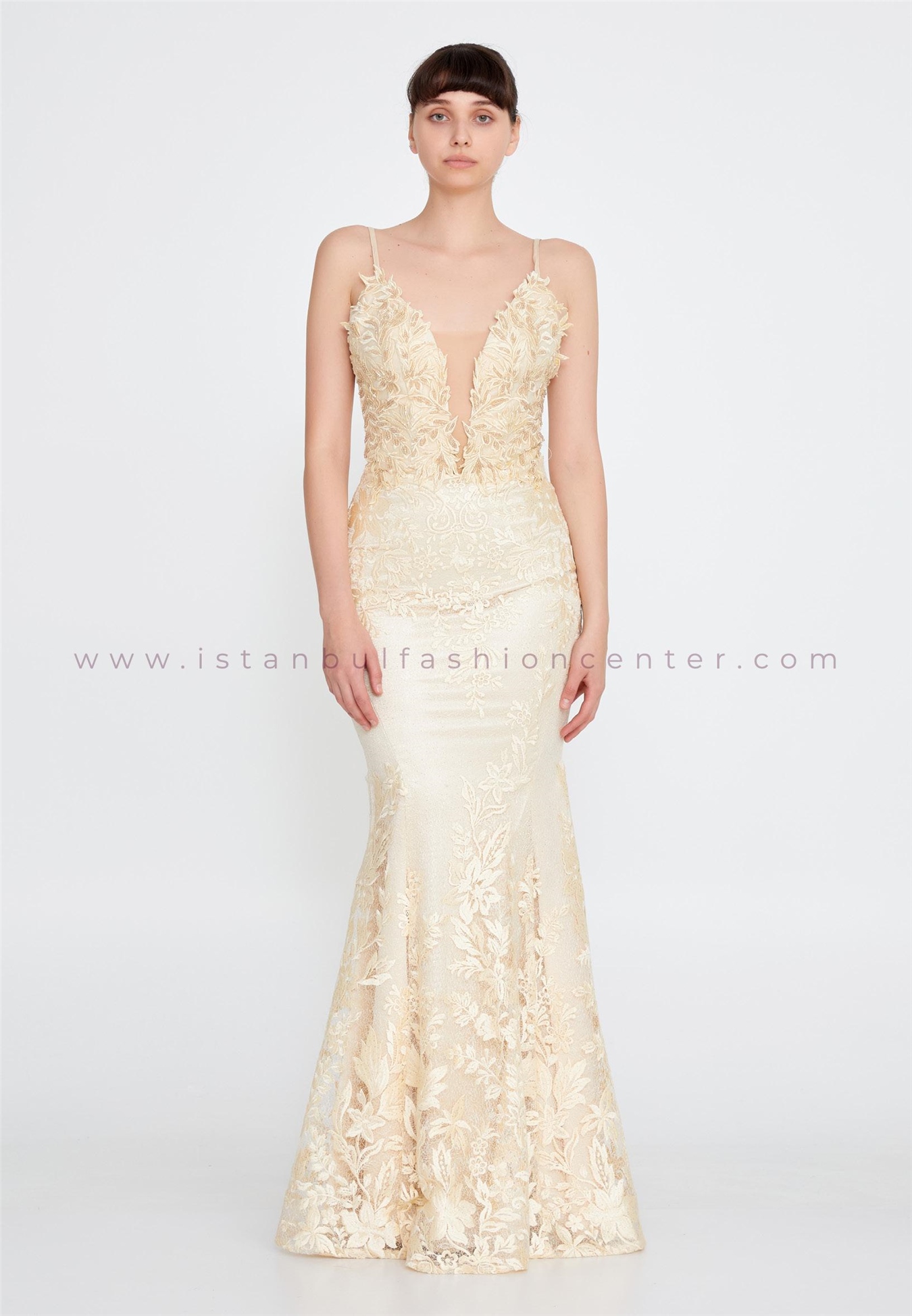 INVITO HAUTE COUTURE Sleeveless Maxi Lace Mermaid Regular Gold Wedding  Guest Dress İnt5001gld