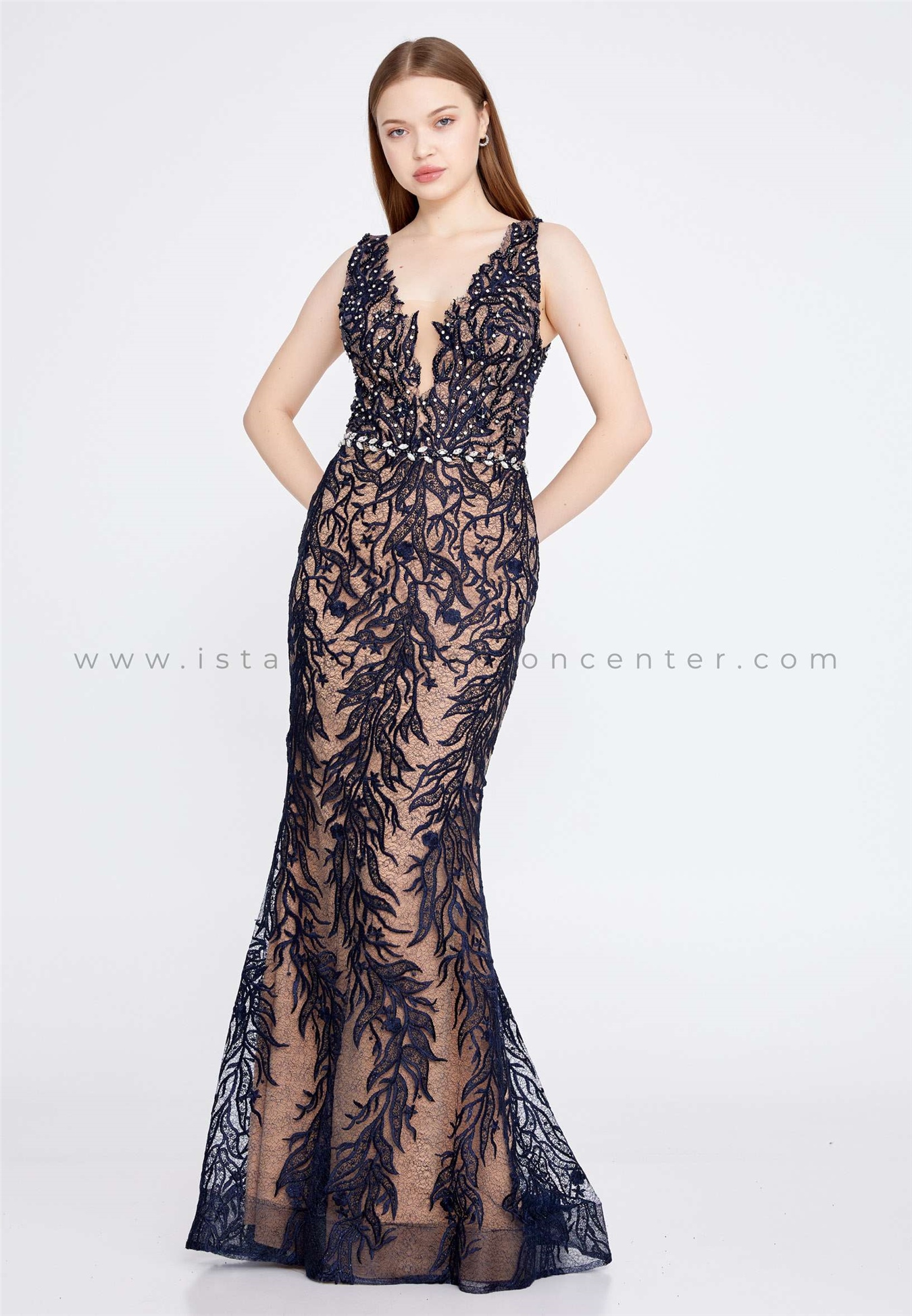INVITO HAUTE COUTURE Sleeveless Maxi Lace Mermaid Regular Navy Wedding  Guest Dress Int5082lac