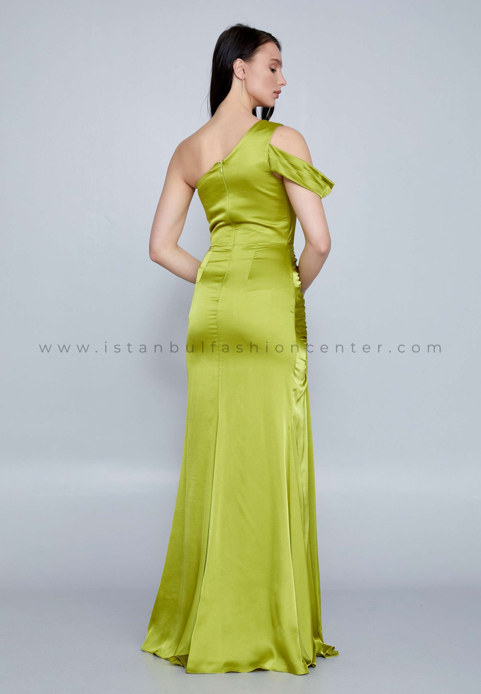 Ivory One Shoulder Maxi Satin Mermaid Regular Pistachio Green Wedding Guest Dress Ivo23517fıs 4133