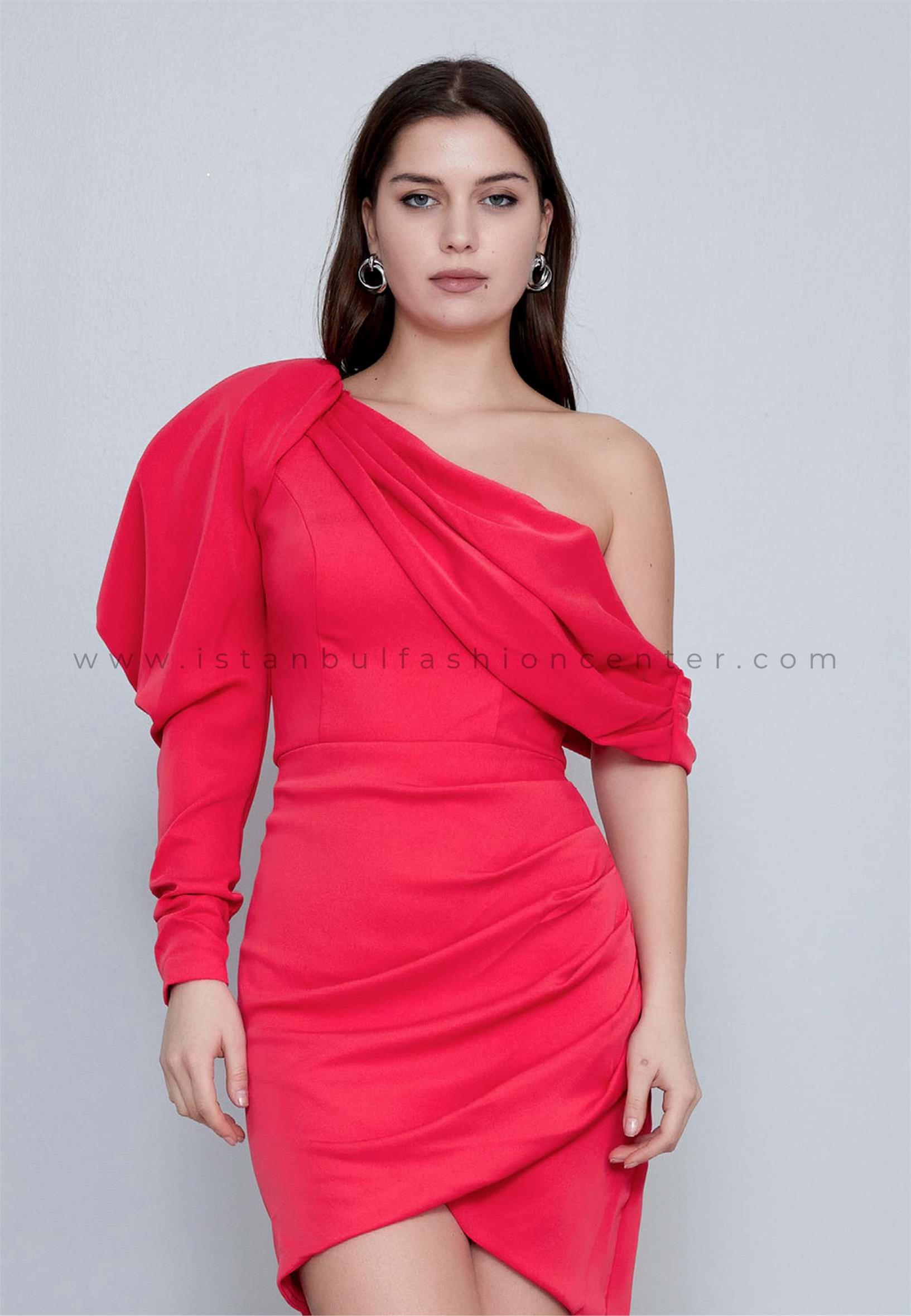 KEZZİ Long Sleeve Mini Crepe Column Regular Red Evening Dress Kez2265nar