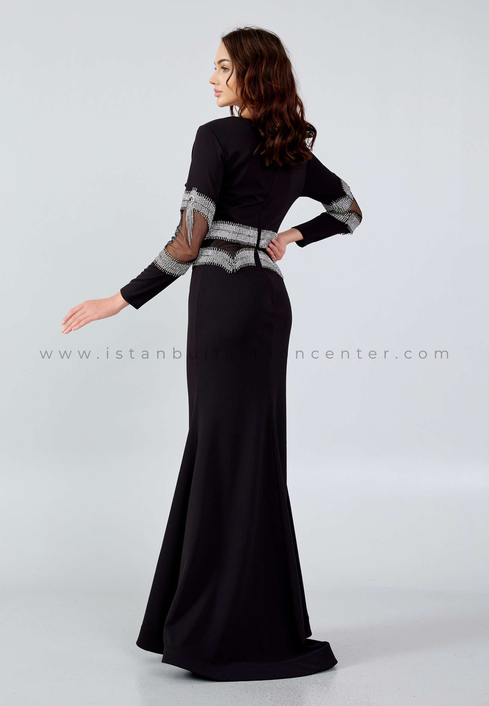 MATINI Long Sleeve Maxi Crepe Mermaid Regular Black Wedding Guest Dress  Mtn22113syh