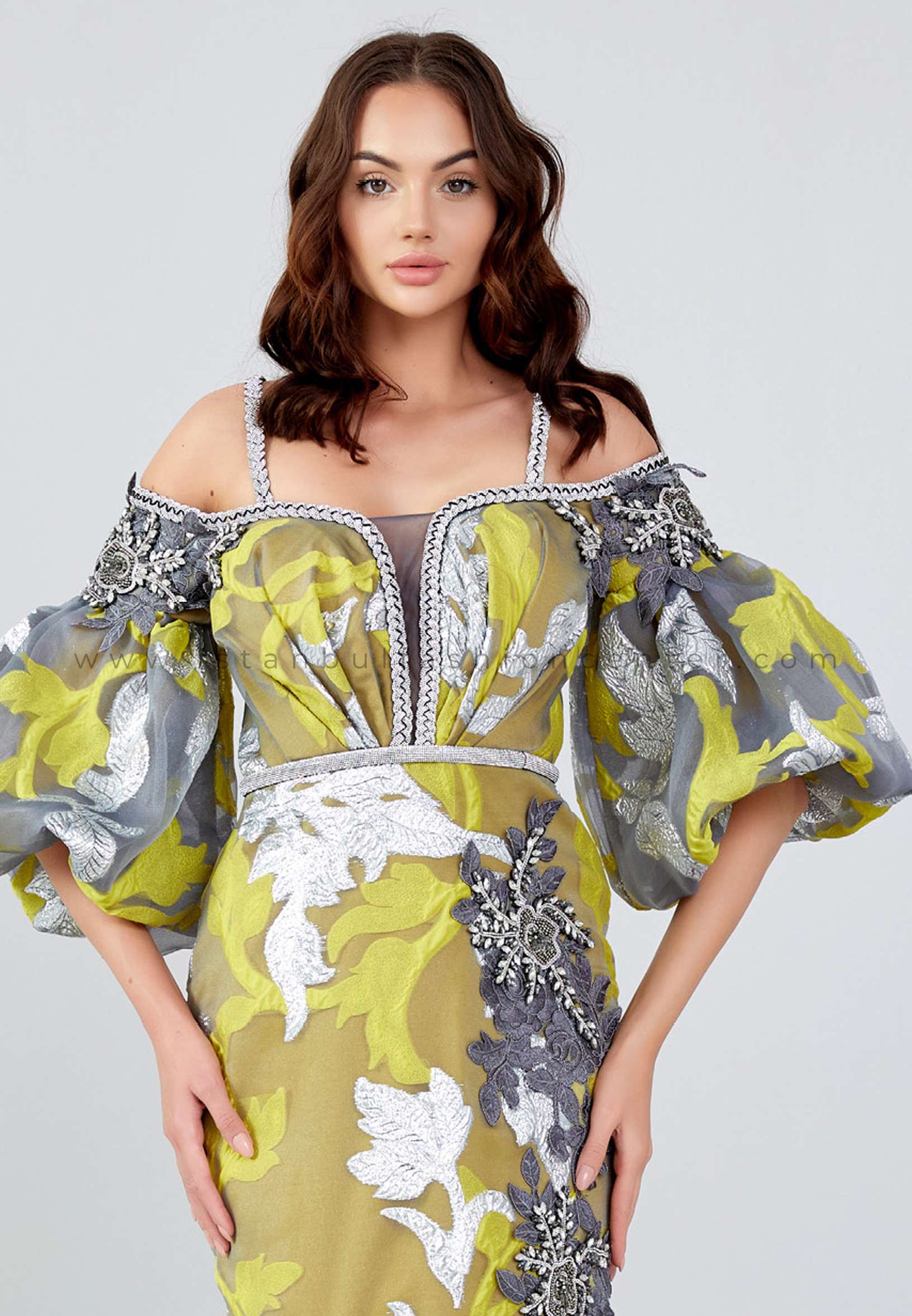 MATINI Off Shoulder Maxi Tulle Mermaid Regular Grey Yellow Prom