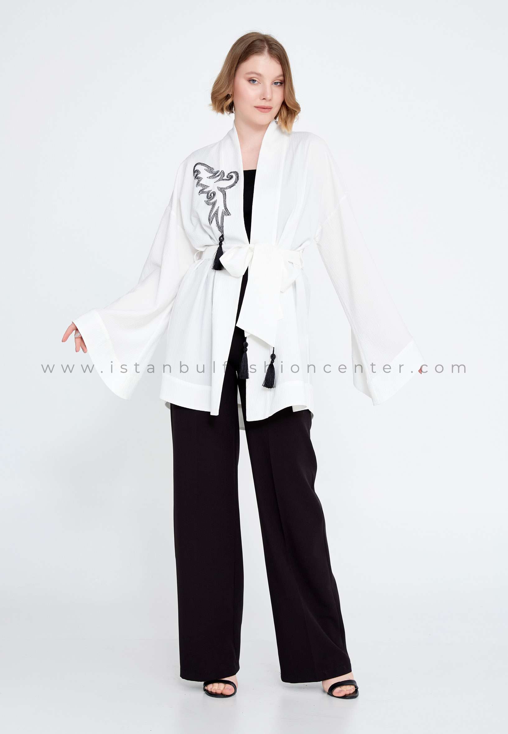 MİMYA Long Sleeve Linen Patterned Regular White Kimono Mım23y6726byz