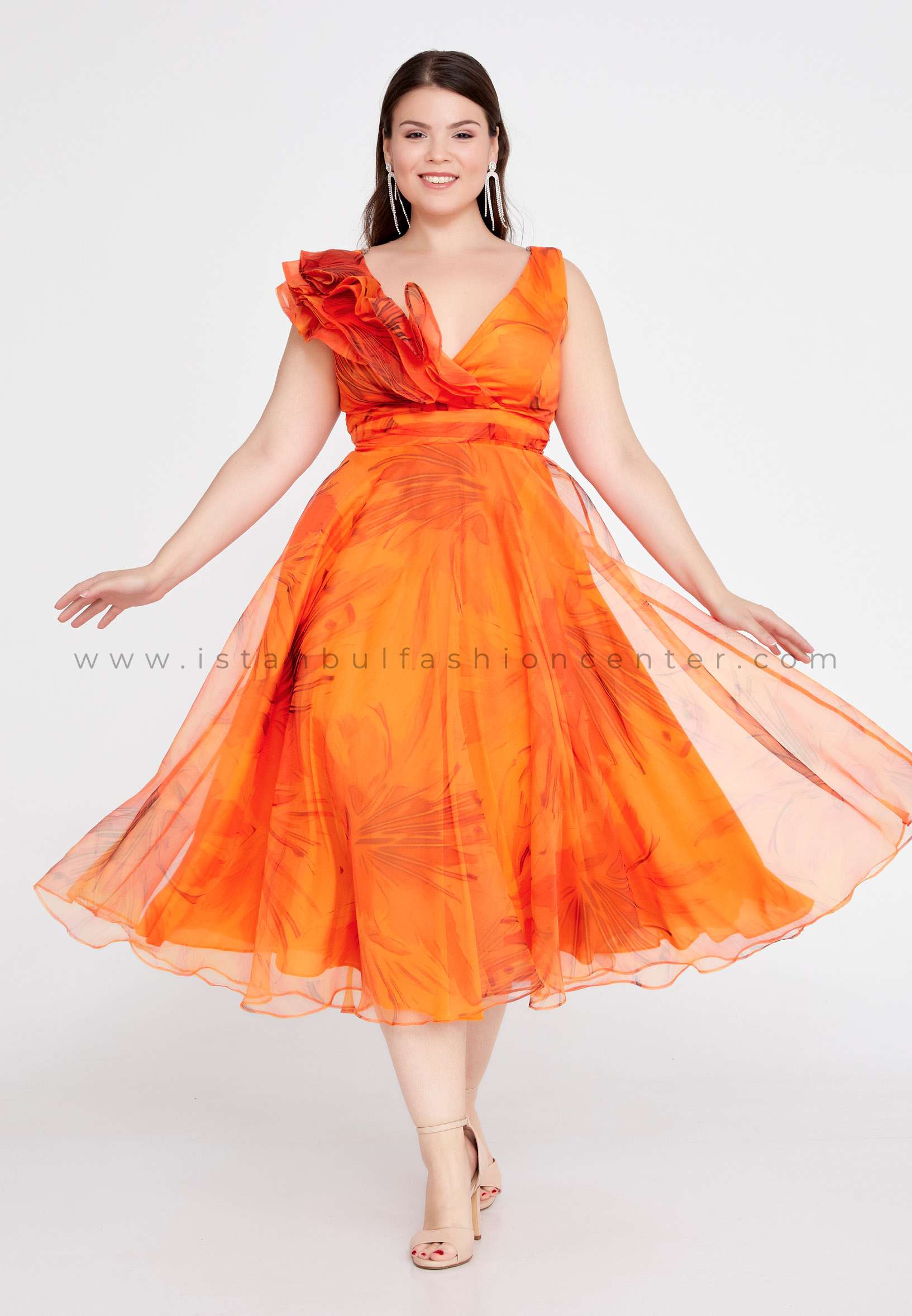 NAZZAN Sleeveless Midi Tulle A - Line Plus Size Orange Prom Dress  Nzn1737-bora