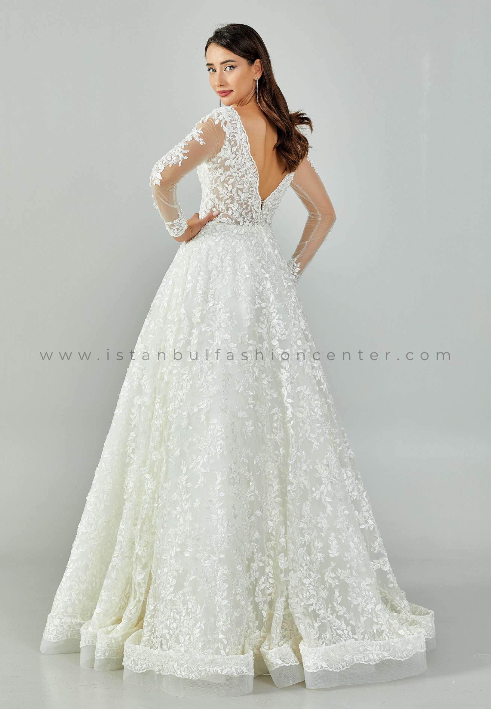Long Sleeve Maxi Lace Regular Ecru Wedding Dress Rlv1093kre