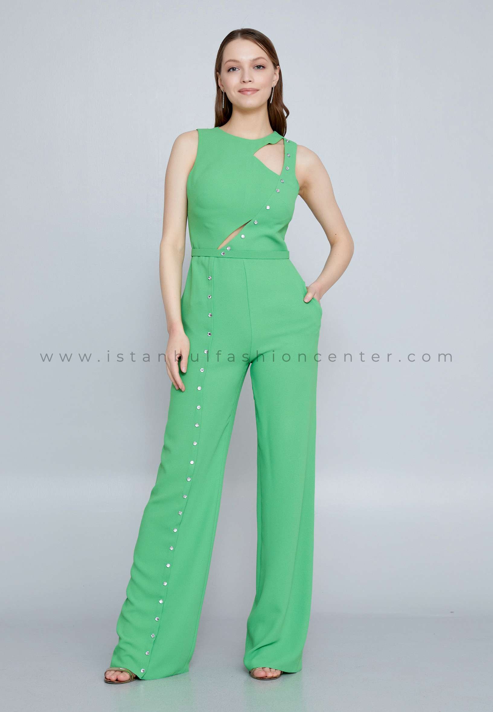 RENGIN Sleeveless Crepe Regular Fit Regular Green Evening Jumpsuit Ren6140ysl
