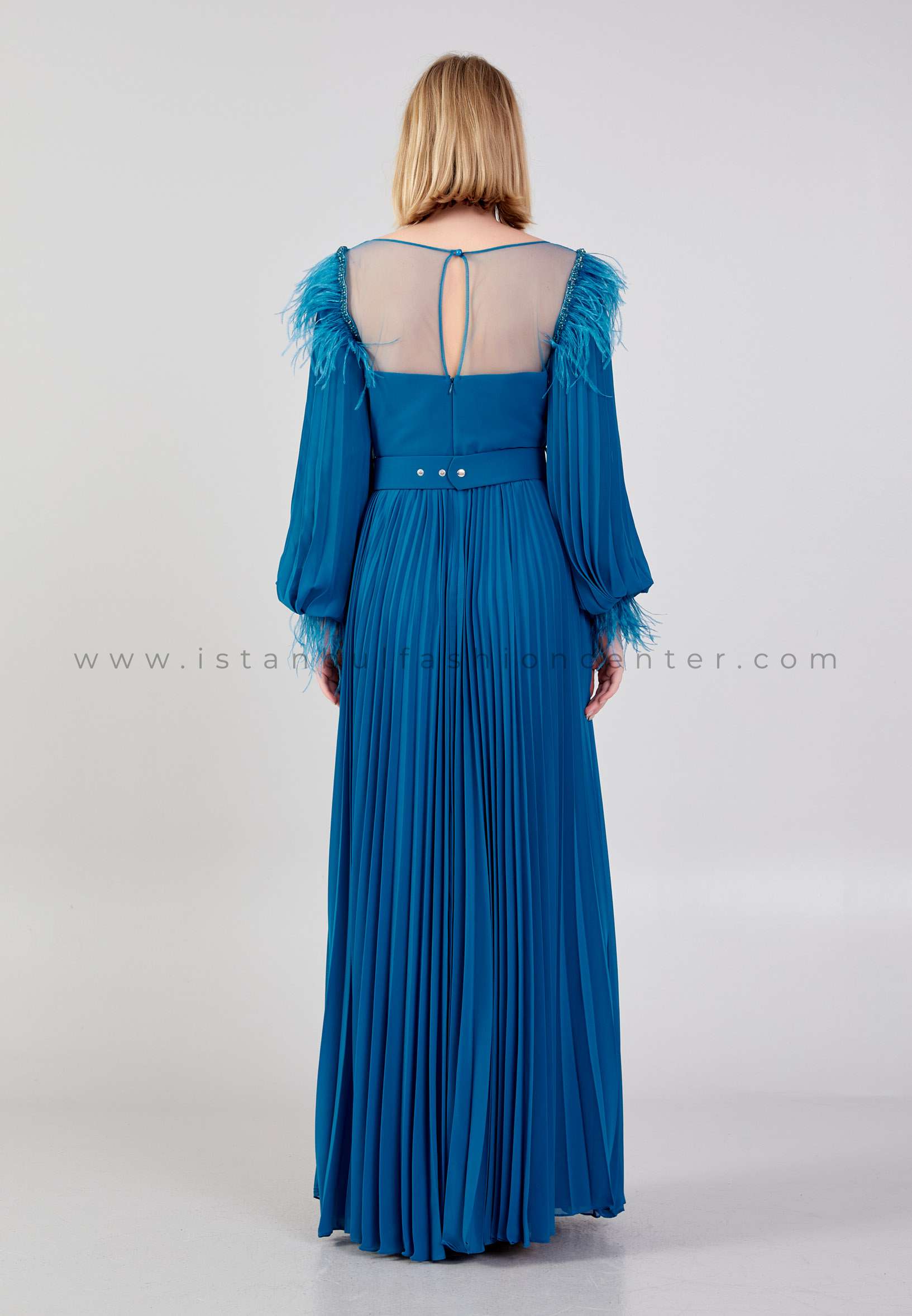 SAN F ORE Long Sleeve Maxi Chiffon Column Regular Blue Evening