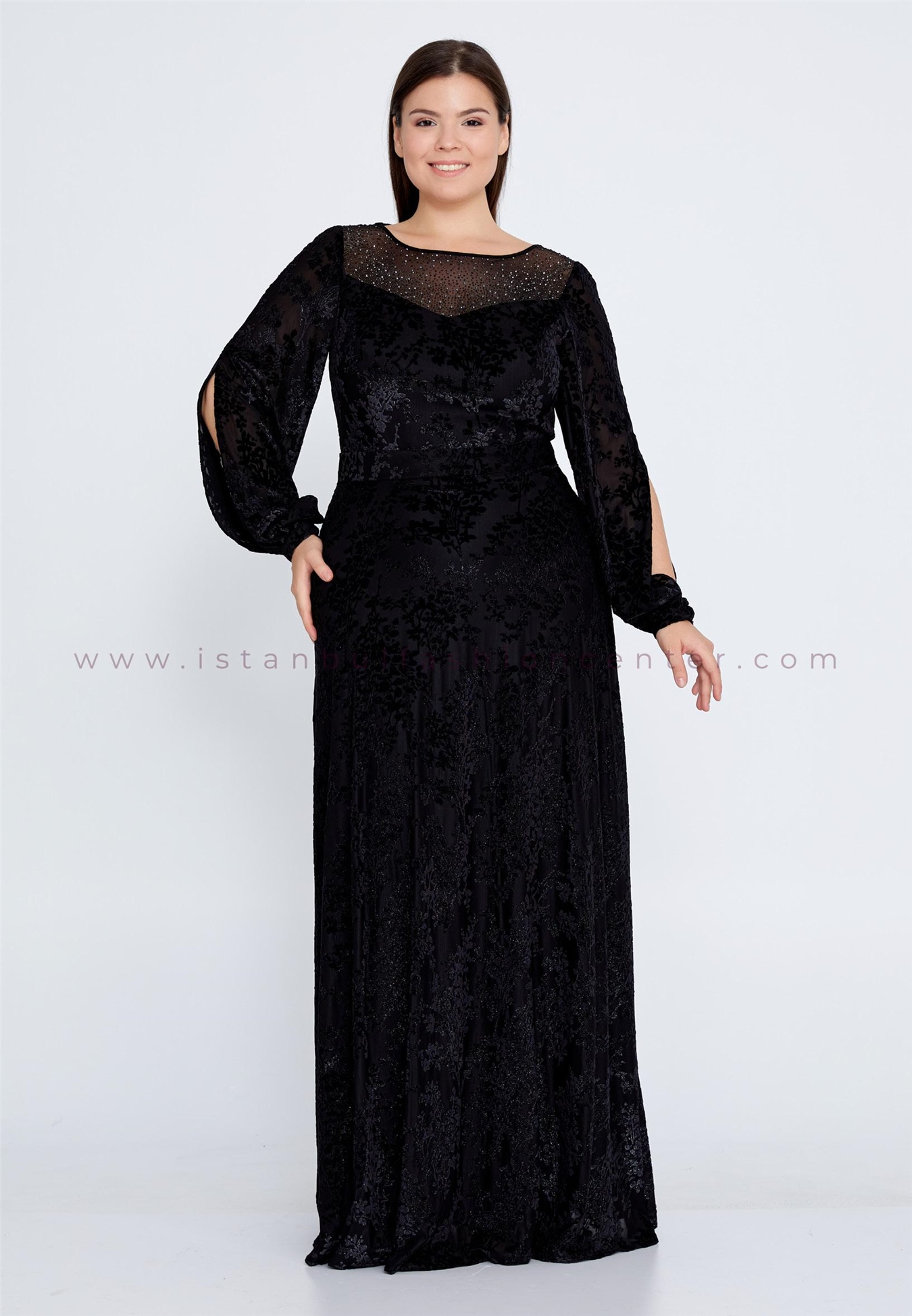 SEE LİNE كم طويل الطويلة جدا مخمل موديل مستقيم حجم اضافي أسود فستان سهرة  See4140-bsyh