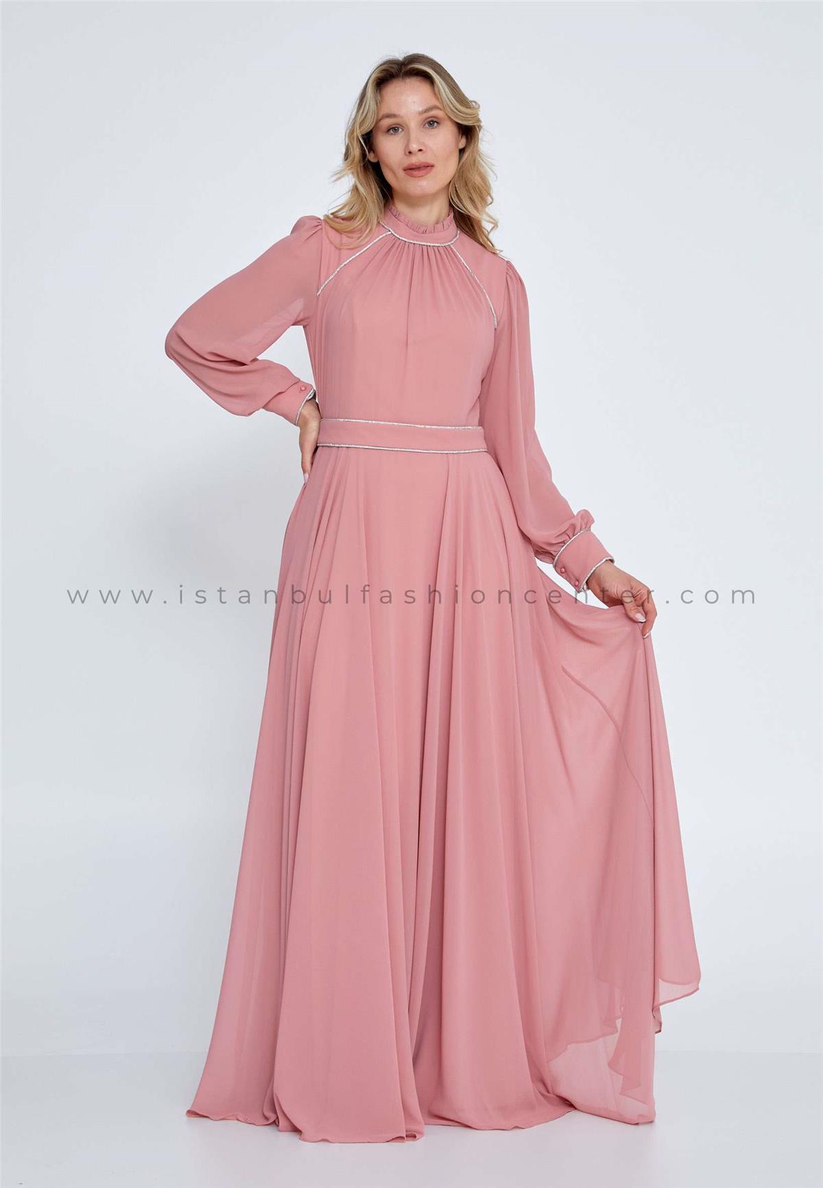 SEE LİNE Long Sleeve Maxi Chiffon Column Plus Size Pink Evening Dress  See9786sgk