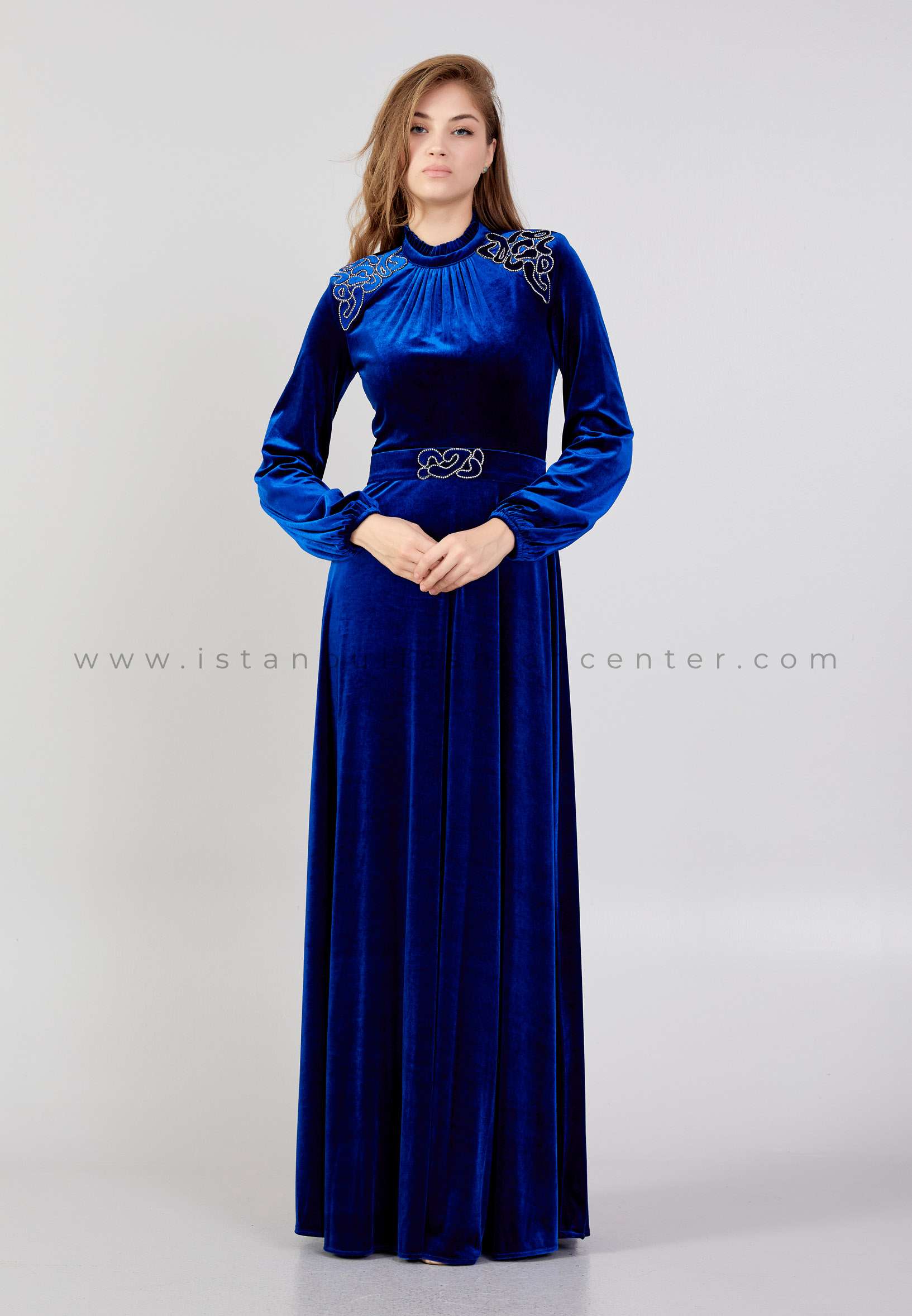 SEE LİNE Long Sleeve Maxi Velvet Column Regular Blue Evening Dress  See7065sak
