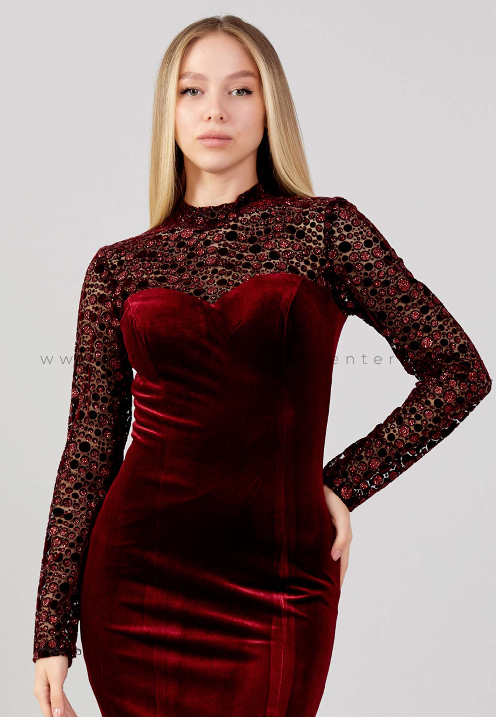 Long Sleeve Maxi Velvet Column Regular Burgundy Evening Dress