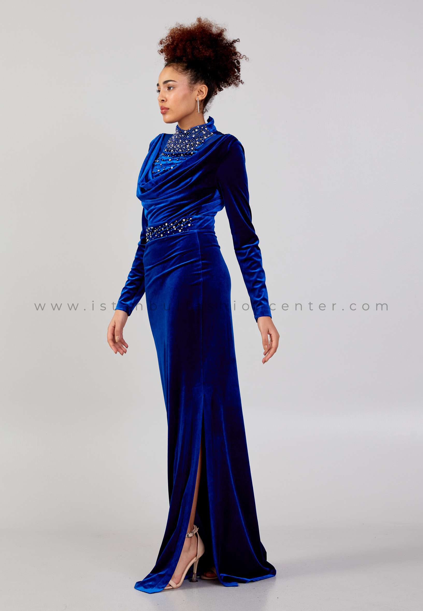 Royal Blue Long Velvet Gown with Open Back Beadings - $157.992