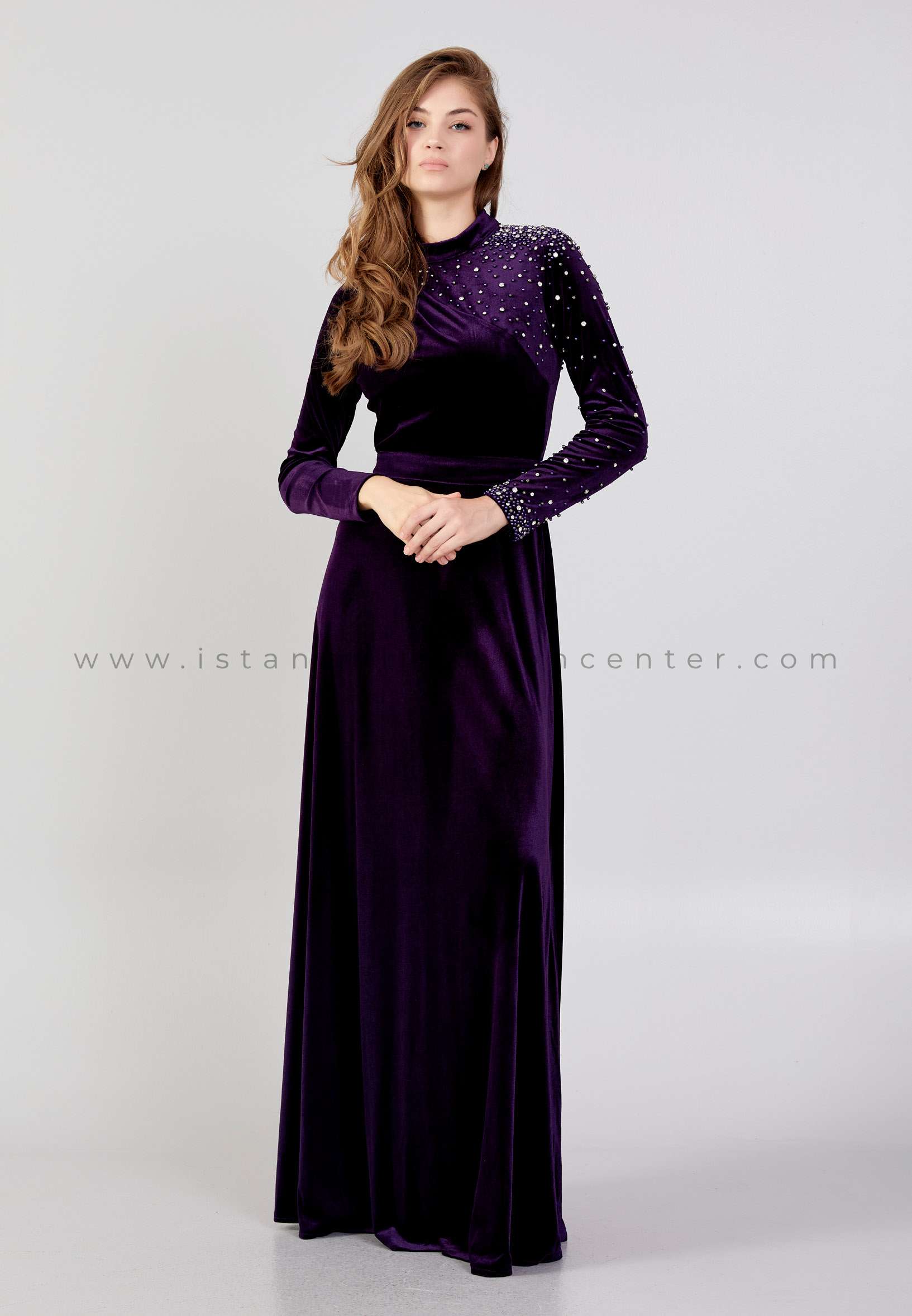 SEE LİNE Long Sleeve Maxi Velvet Column Regular Purple Evening Dress  See7047mor