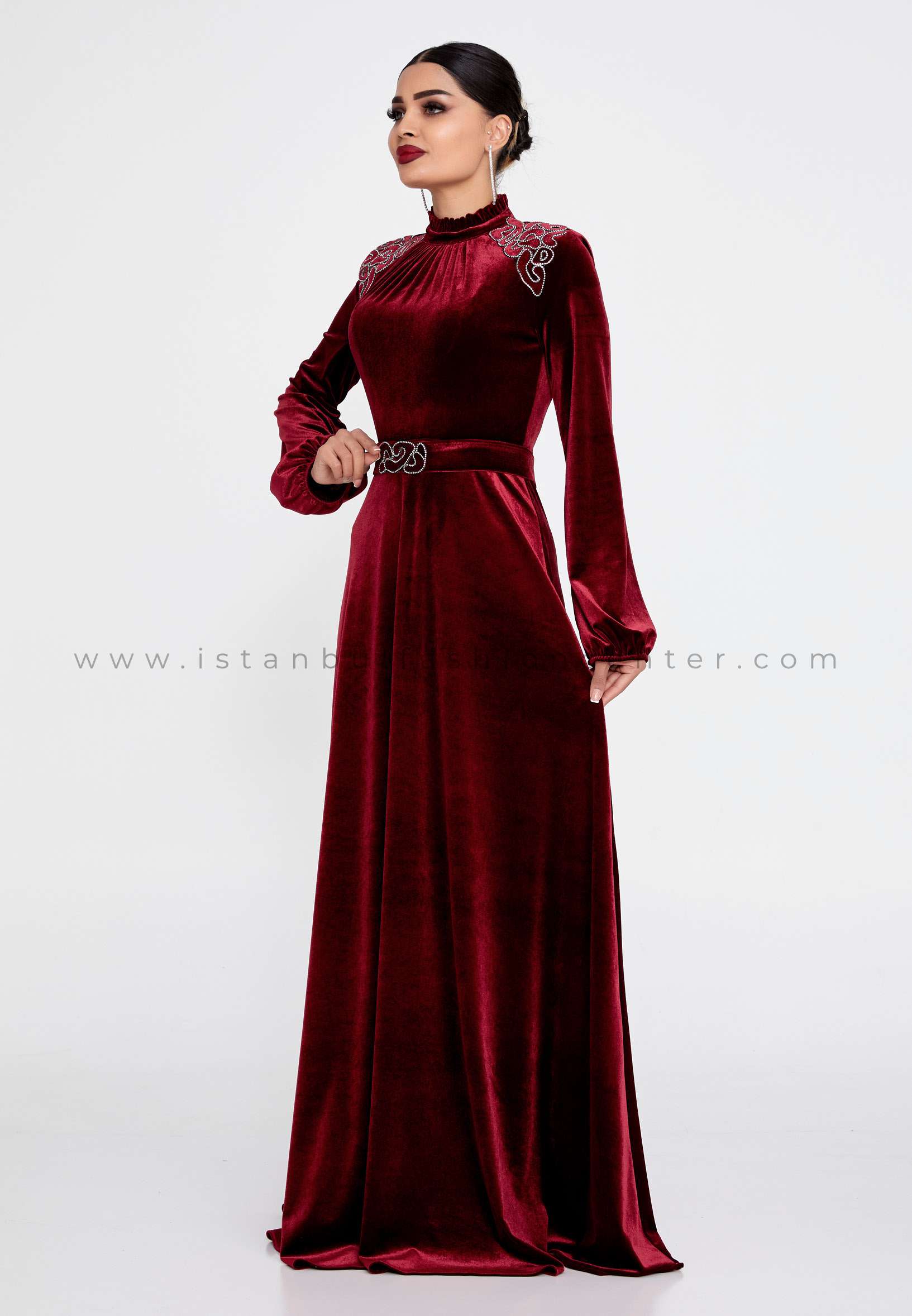 SEE LİNE Long Sleeve Maxi Velvet Column Regular Burgundy Evening Dress  See7065bor