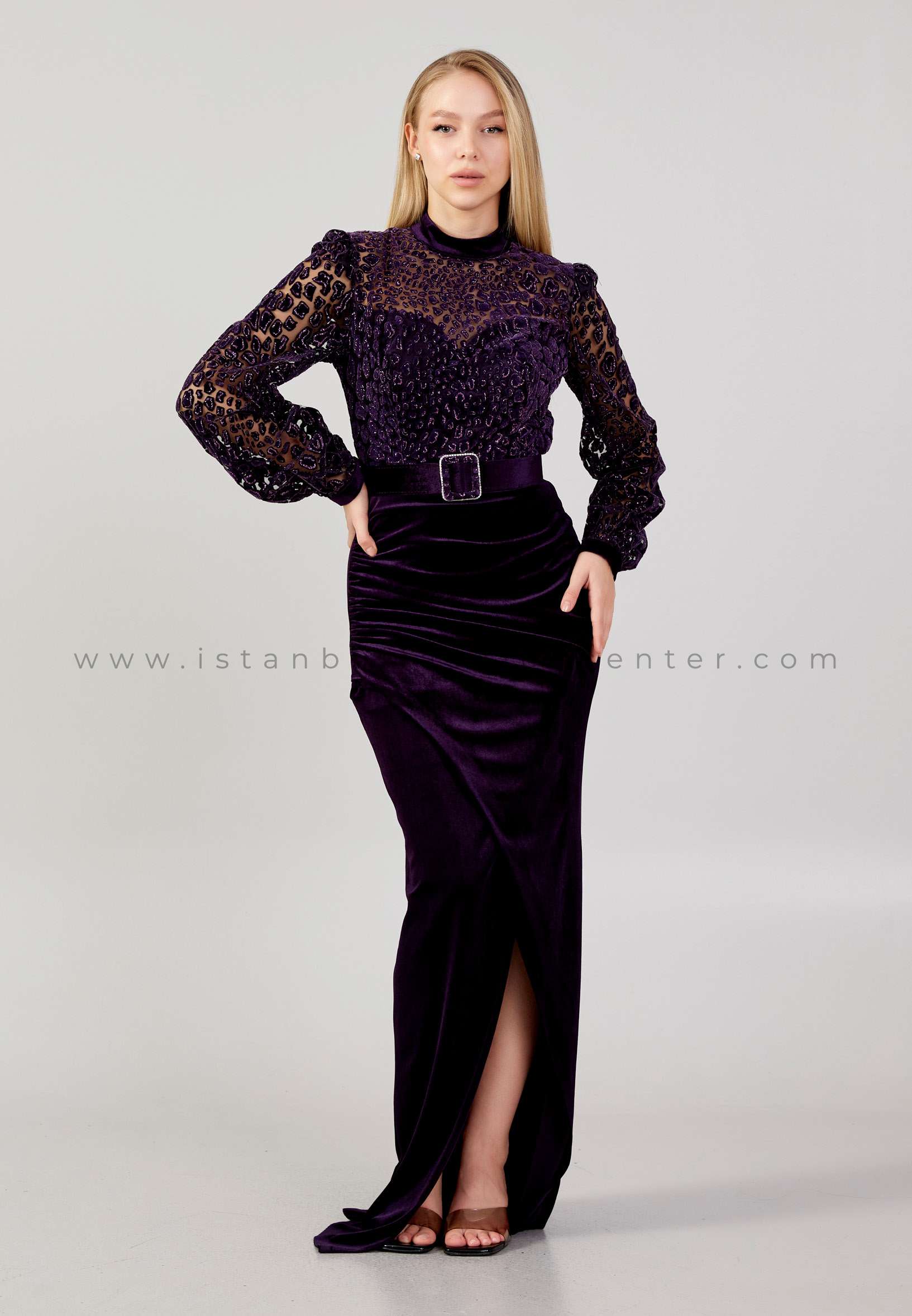 SEE LİNE Long Sleeve Maxi Velvet Column Regular Purple Wedding Guest Dress  See7130mor