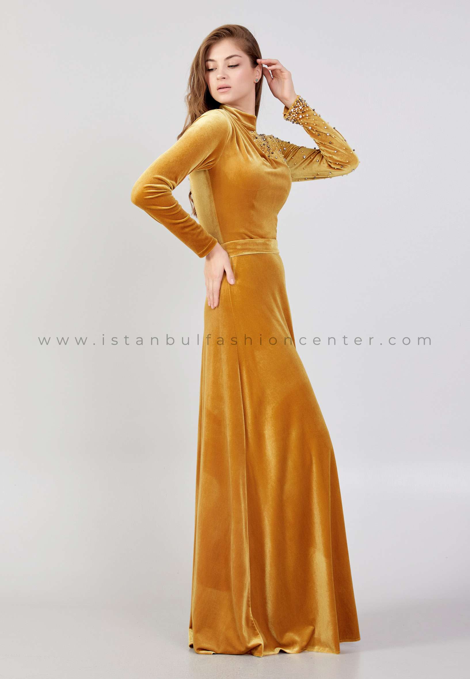 SEE LİNE Long Sleeve Maxi Velvet Column Regular Yellow Evening Dress  See7047sar