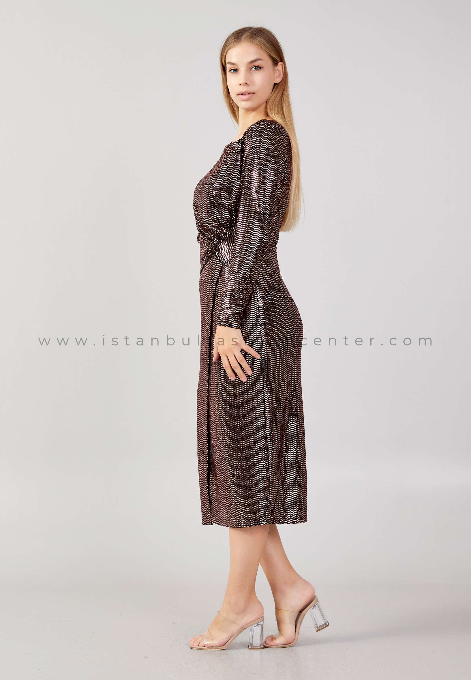 SEE LİNE Long Sleeve Midi Sequin Column Plus Size Brown Evening