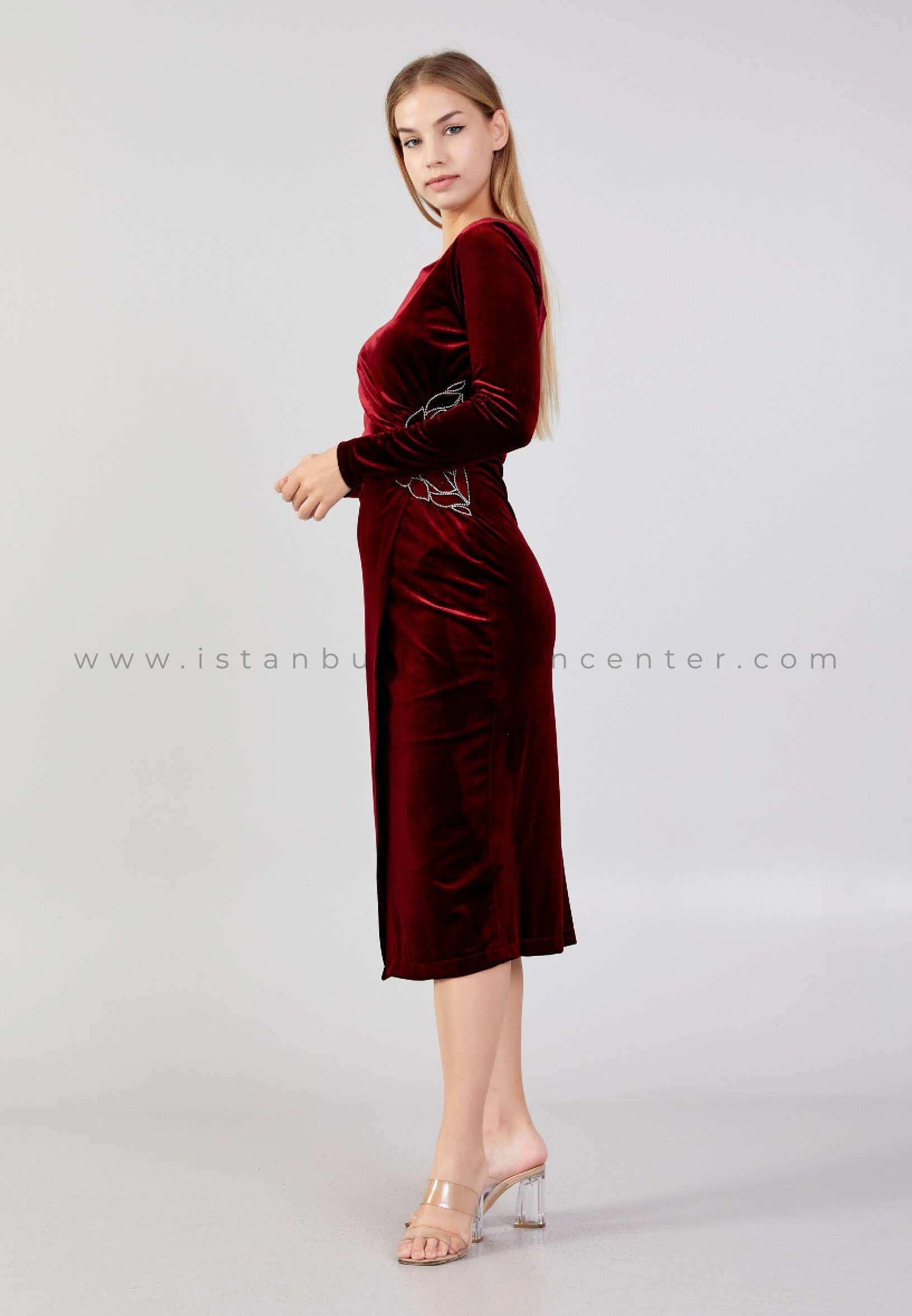 SEE LİNE Long Sleeve Midi Velvet Column Plus Size Burgundy Evening