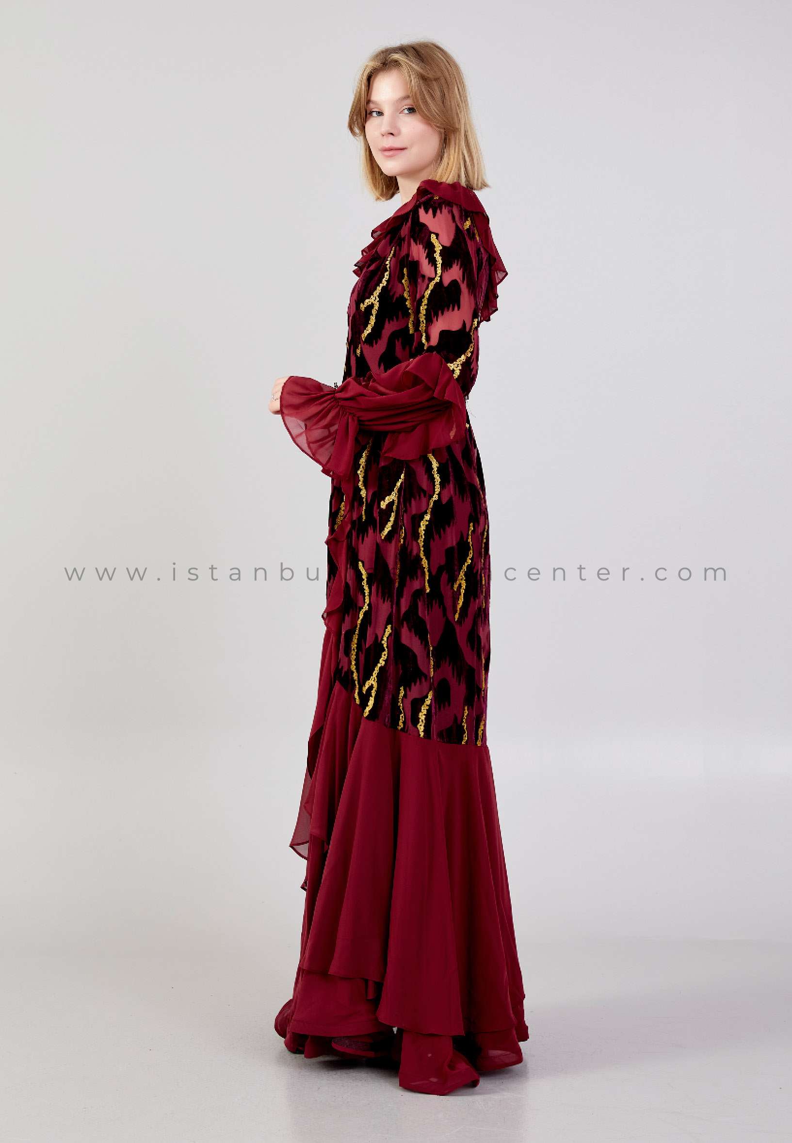Long Sleeve Maxi Velvet Column Regular Burgundy Evening Dress