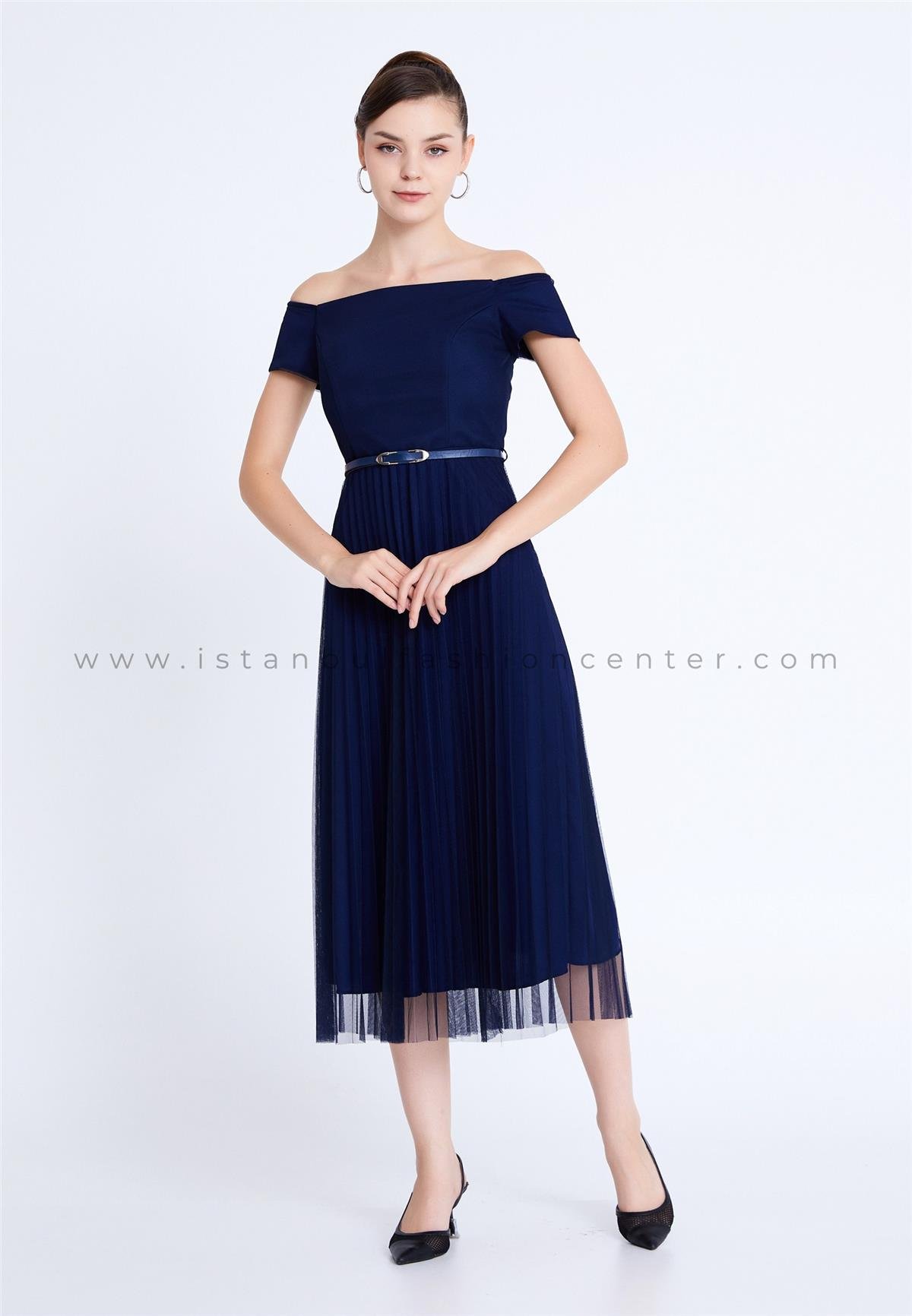 ESCOLL Off Shoulder Midi Tulle Column Regular Navy Evening Dress Esc1148lac