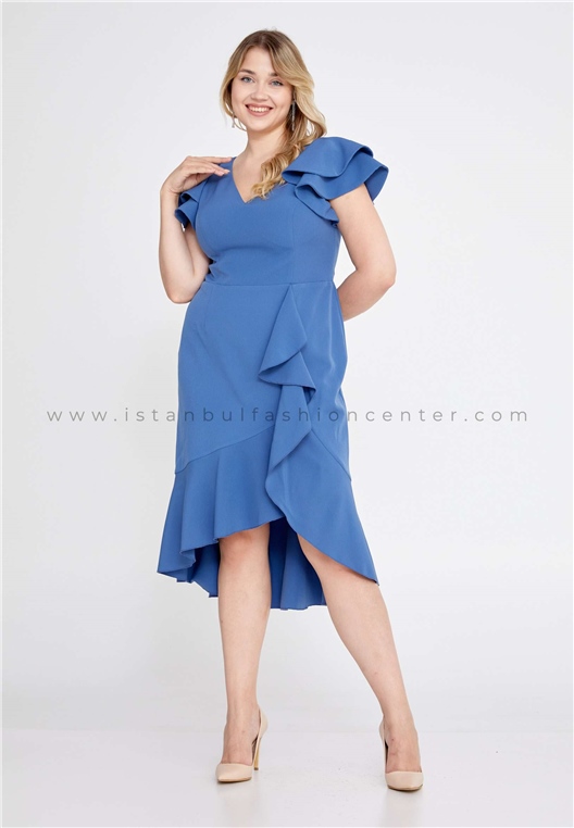 ESCOLL Short Sleeve Midi Crepe Column Plus Size Blue Wedding Guest Dress  Esc1763-bınd