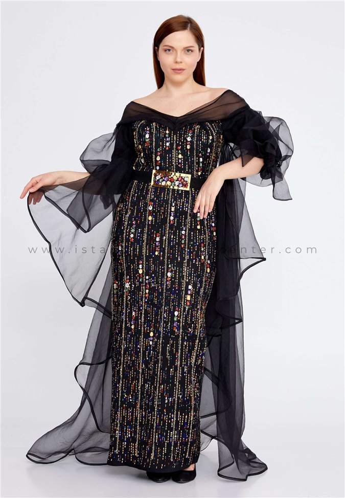 CARAMEL Short Sleeve Maxi Tulle Column Plus Size Black Prom Dress ...