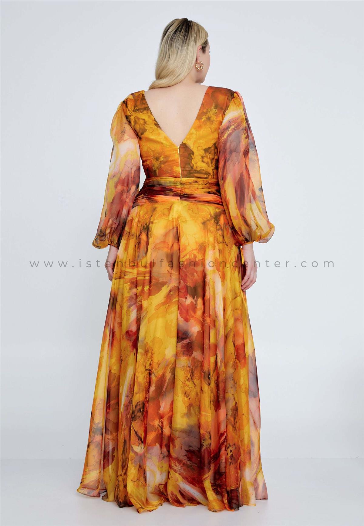POP LINE VIP Long Sleeve Maxi Chiffon Column Plus Size Yellow Multicolor Wedding Guest Dress Plv3290 bsar