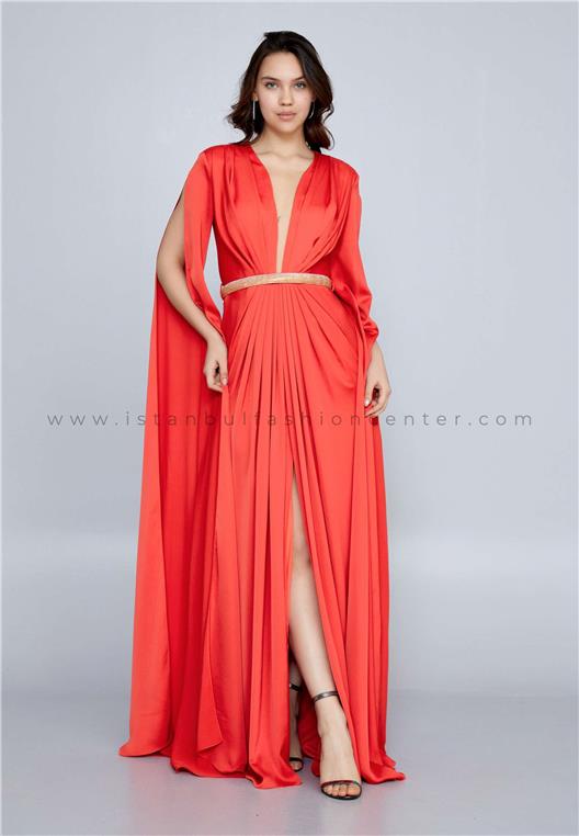 RENGIN Long Sleeve Maxi Satin Column Regular Orange Wedding Guest Dress