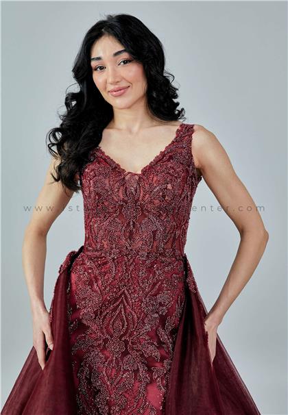 DENİSSSleeveless Maxi Sequin Regular Burgundy Engagement Dress Dns3198bor