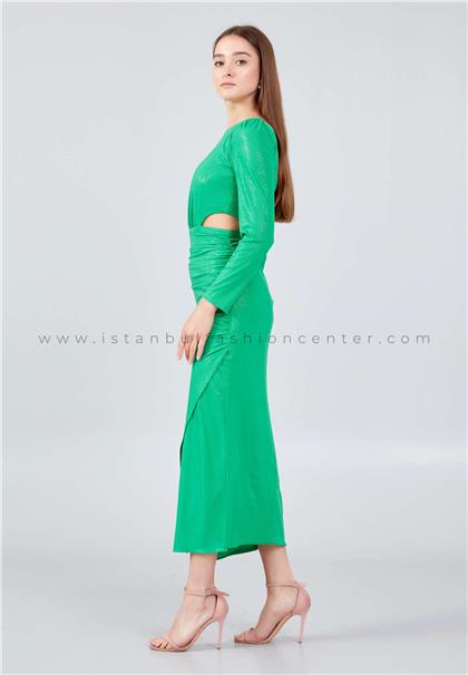 DORİDORCA Long Sleeve Midi Lycra Column Regular Green Evening Dress ...