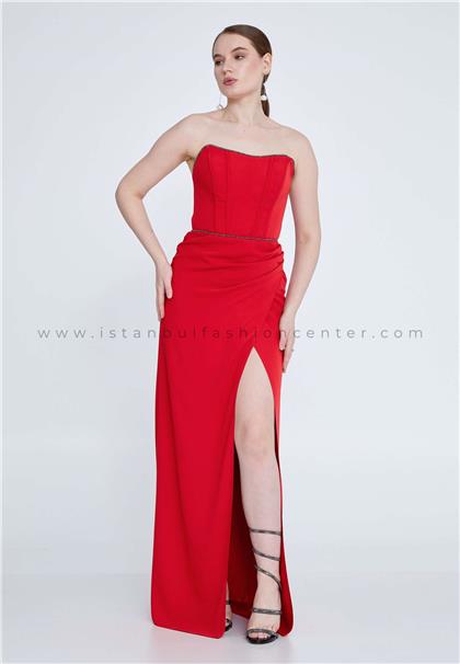 Dorİdorca Strapless Maxi Viscose Column Regular Red Evening Dress