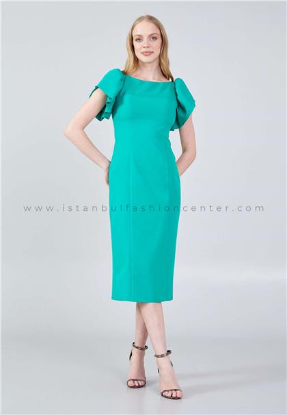 ESCOLL Short Sleeve Midi Crepe Column Regular Green Evening Dress ...