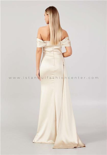 Hot Contact Off Shoulder Maxi Satin Mermaid Regular Beige Wedding Guest Dress Hot7259bej 6848