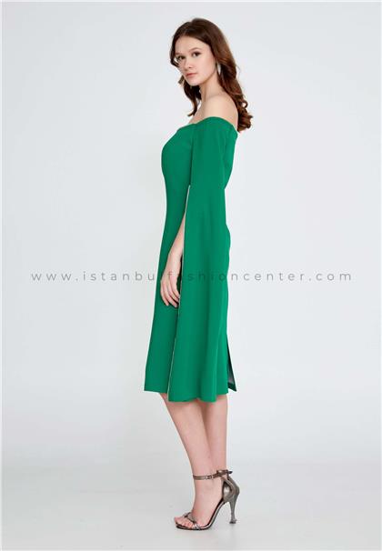 JOIN MEOff Shoulder Midi Crepe Column Regular Green Evening Dress Jnm23-378ysl