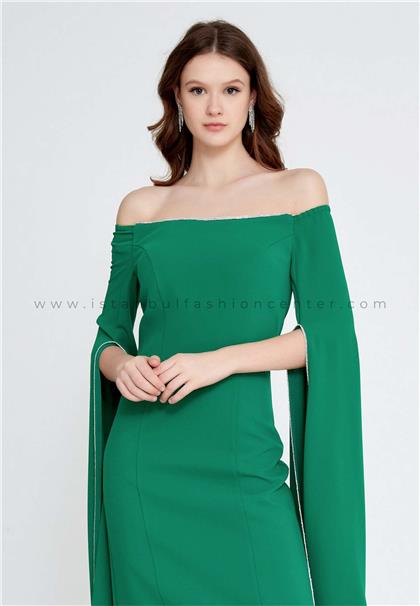 JOIN MEOff Shoulder Midi Crepe Column Regular Green Evening Dress Jnm23-378ysl