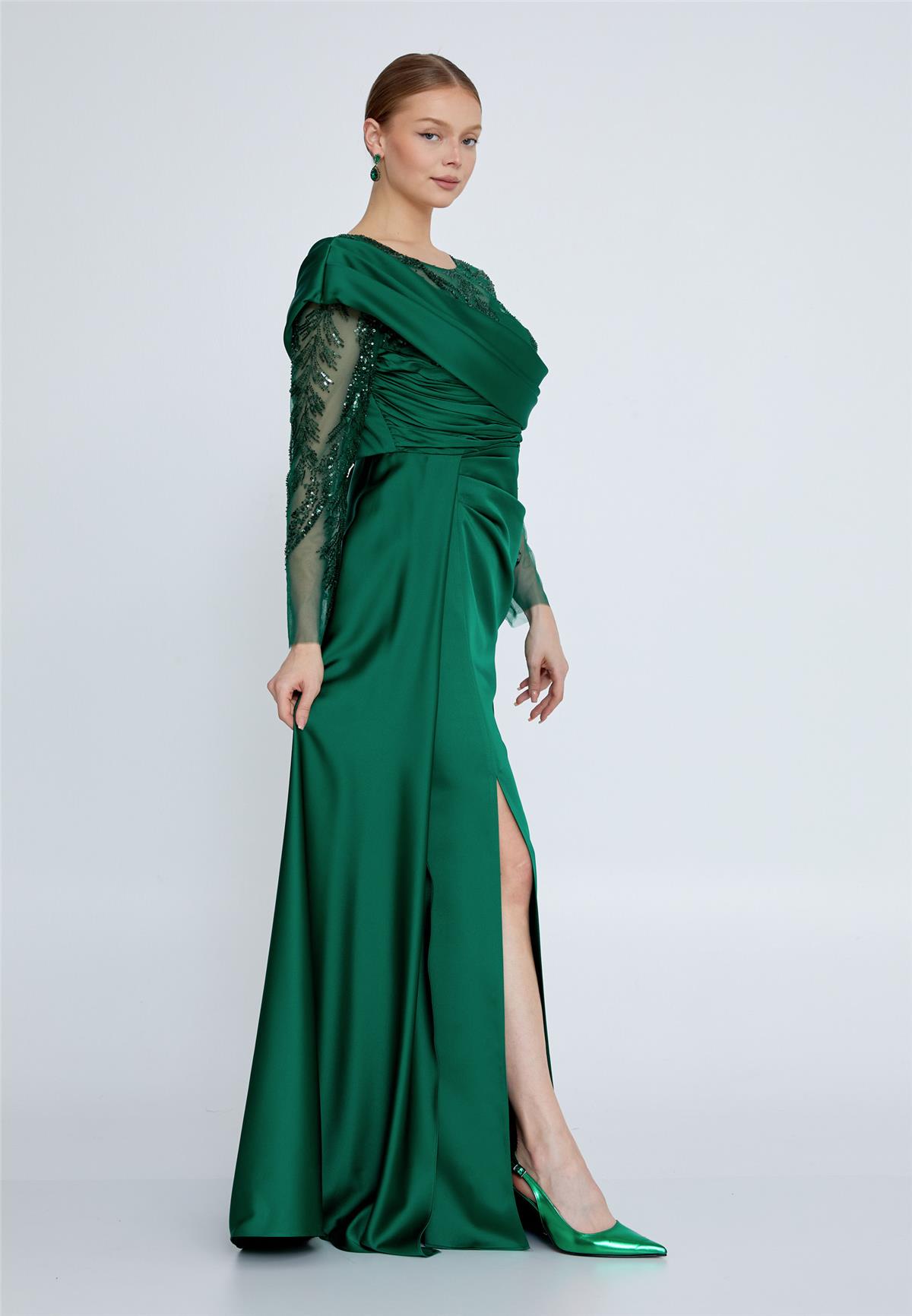 VİVA DOR Long Sleeve Maxi Satin Mermaid Plus Size Green Wedding Guest Dress  Vıv8186-bysl