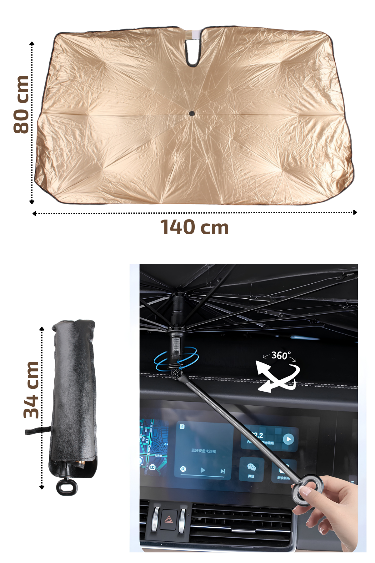 Araç Ön Cam Güneşlik Şemsiyesi 140x80 cm Katlanabilir Isı Yalıtımlı Araba Güneşliği 360 Derece Bükülebilir Saplı