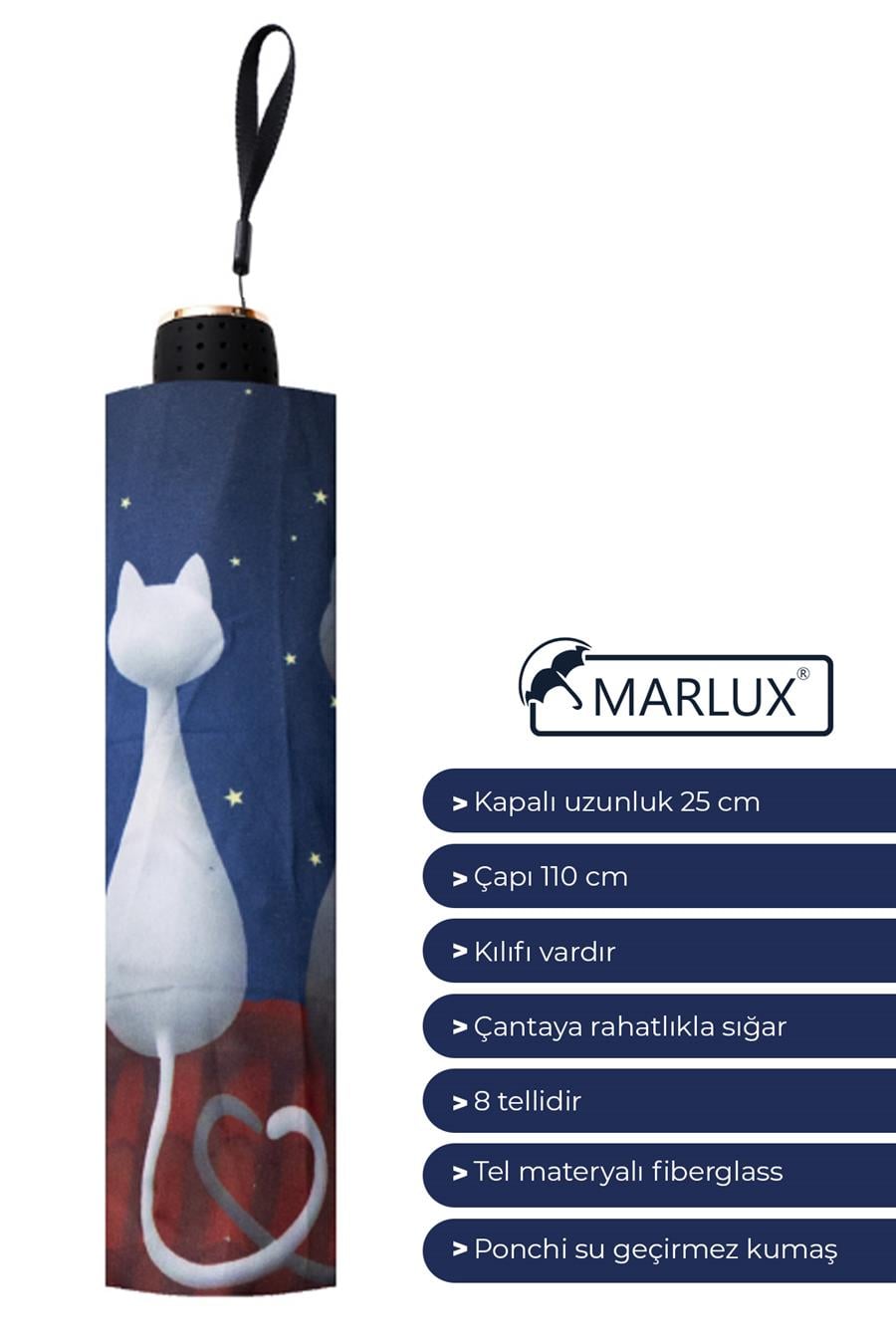 Marlux Ay ve Kediler Yarasa Model 8 Telli Rüzgara Dayanıklı Manuel Şemsiye MARLUX383R01