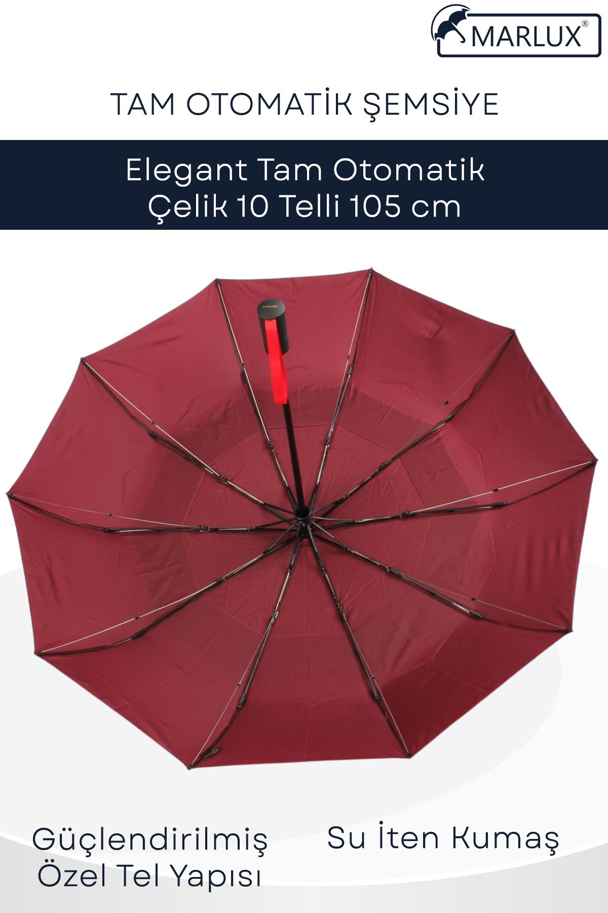 Marlux Ekstra Güçlendirilmiş Tam Otomatik Rüzgar Şemsiyesi 10 Fiber Tel Bordo MPR2001L