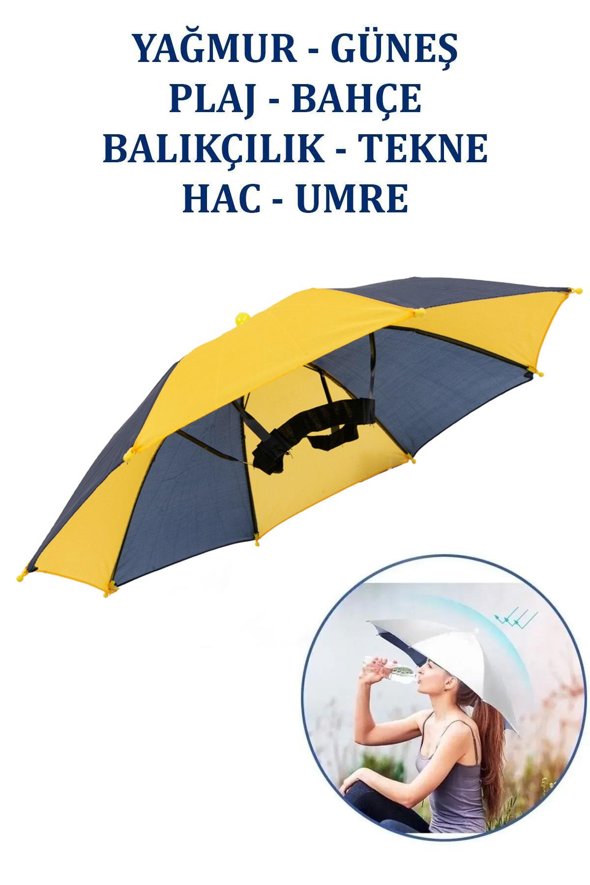 Marlux Kafaya Takılan Şapka Şemsiye Gölgelik Plaj Yazlık Kafa Şemsiyesi Sarı Lacivert KAFASEMS001SL