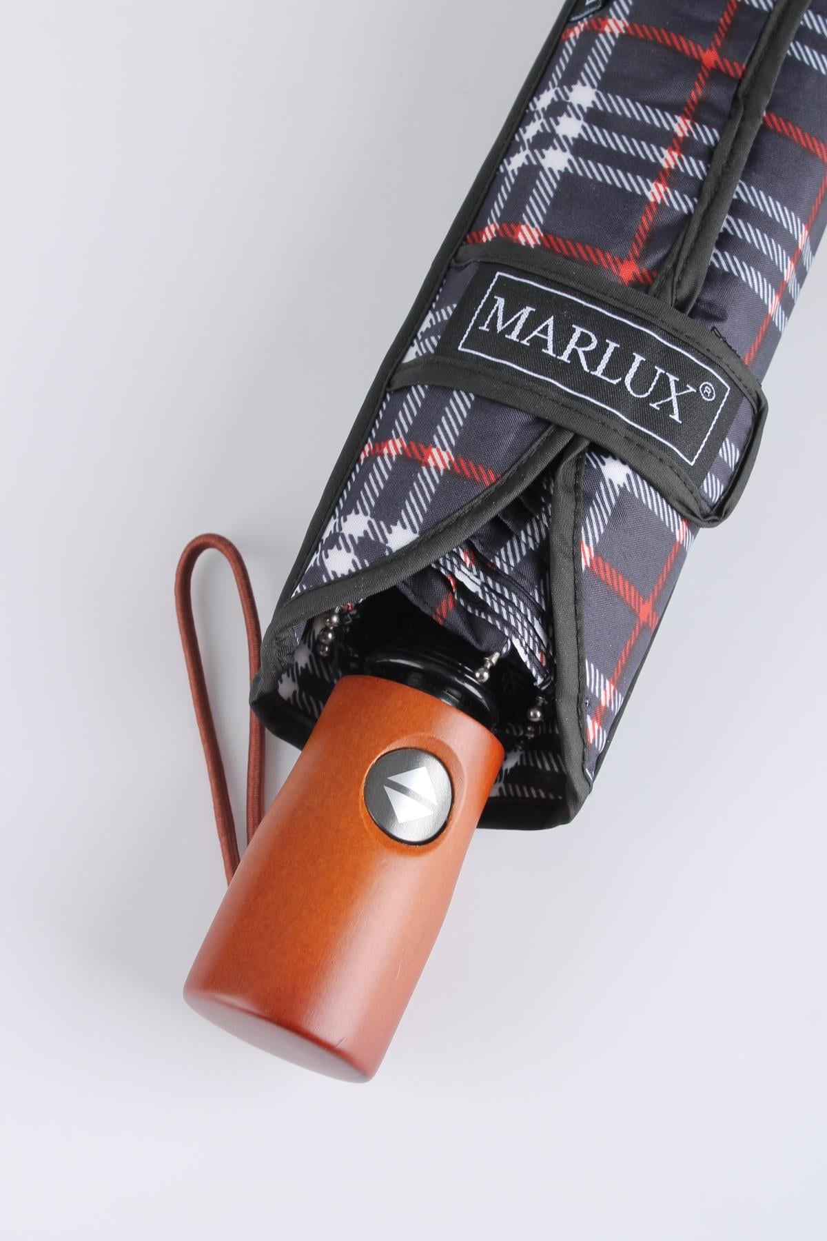 Marlux Lacivert Kırmızı Ekose Ahşap Saplı Tam Otomatik Premium Lüks Kadın Şemsiye M21MAR1002LR010