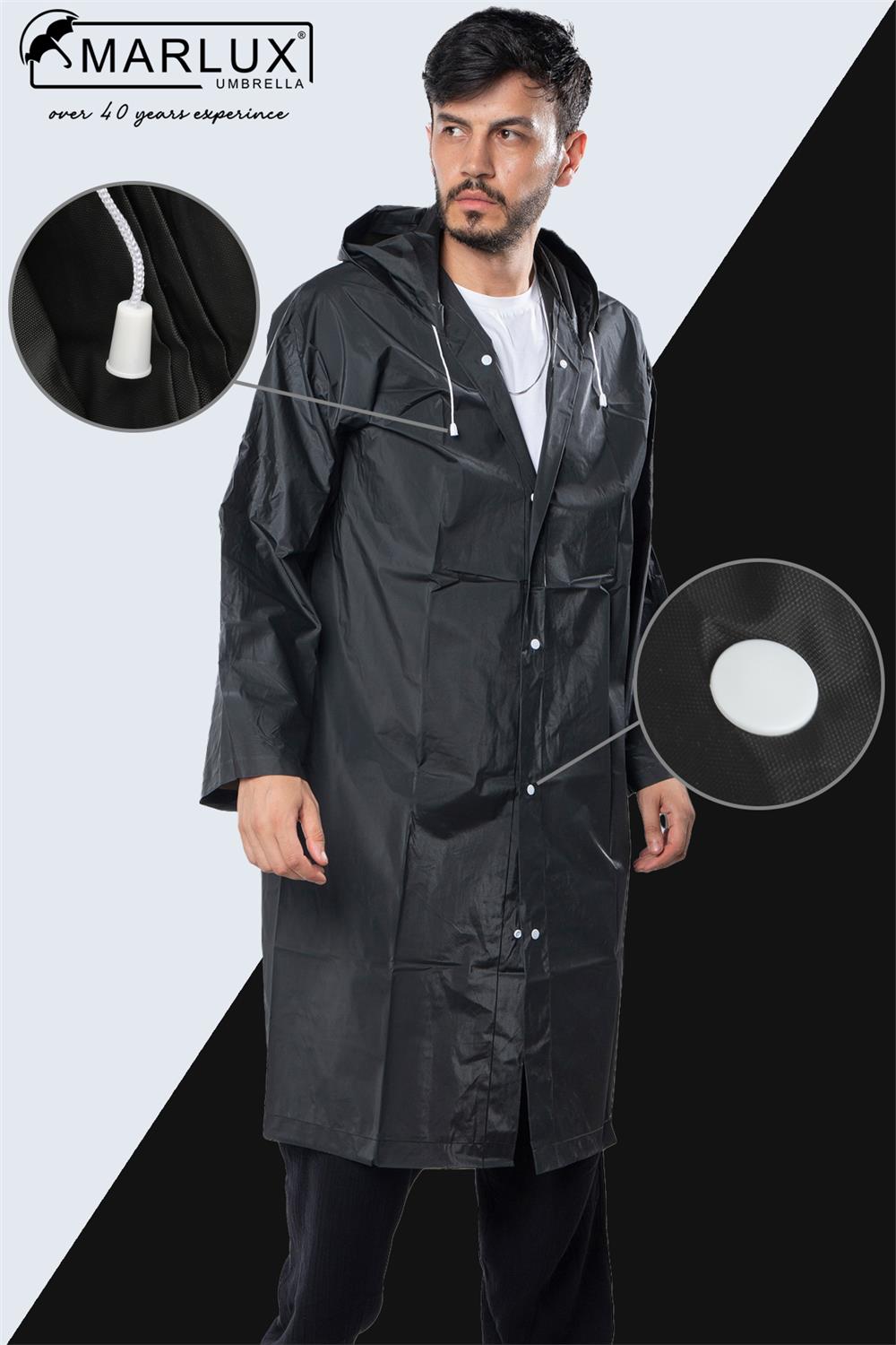 Marlux Unisex Su Rüzgar Geçirmez Kapüşonlu Beyaz Çıtçıt Düğme Eva Siyah Beyaz Yağmurluk 24MRLXYGM