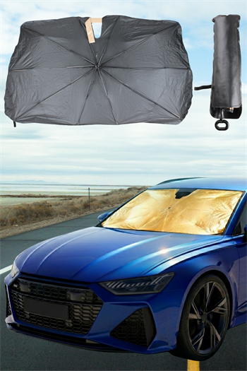 Araç Ön Cam Güneşlik Şemsiyesi 140x80 cm Katlanabilir Isı Yalıtımlı Araba Güneşliği 360 Derece Bükülebilir Saplı