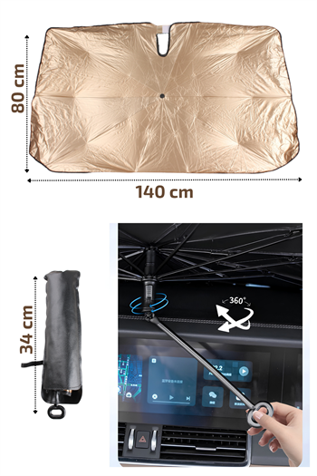 Araç Ön Cam Güneşlik Şemsiyesi 140x80 cm Katlanabilir Isı Yalıtımlı Araba Güneşliği 360 Derece Bükülebilir Saplı