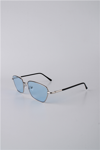 By Marine Geometrik Çerçeveli Gümüş Metal Mavi Camlı Unisex Güneş Gözlüğü GG25BMTOMPL3R06