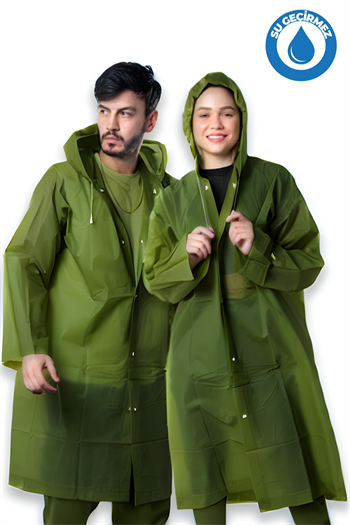 By Marine Kadın Erkek Yağmurluk Kapüşonlu Çıtçıtlı Eva Koyu Yeşil Asker Yeşili Yağmurluk BYMMRC881R16