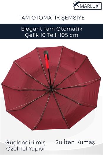 Marlux Ekstra Güçlendirilmiş Tam Otomatik Rüzgar Şemsiyesi 10 Fiber Tel Bordo MPR2001L