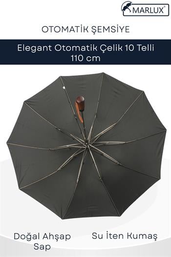 Marlux Elegant Otomatik Çelik 10 Telli Siyah Şemsiye Rüzgar Koruma Ponçi Kumaş MPR1008M