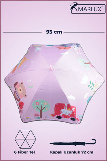 Marlux Fiber 6 Telli Dayanıklı Özel Tasarım Çocuk Şemsiyesi Sevimli Hayvanlar Bahçesi Desenli MAR1099